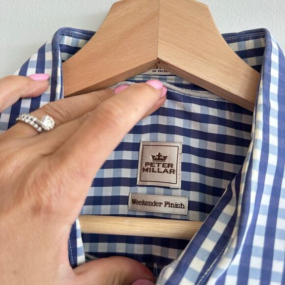 Peter Millar Weekender Finish Gingham Long Sleeve Button Up Shirt Blue XL - Picture 4 of 7